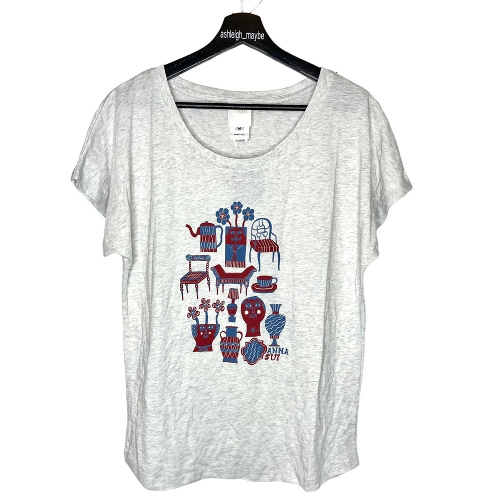 Anna Sui | Short Sleeve T-Shirt Chair Flower Pot Graphic Red Blue Medium NWT
